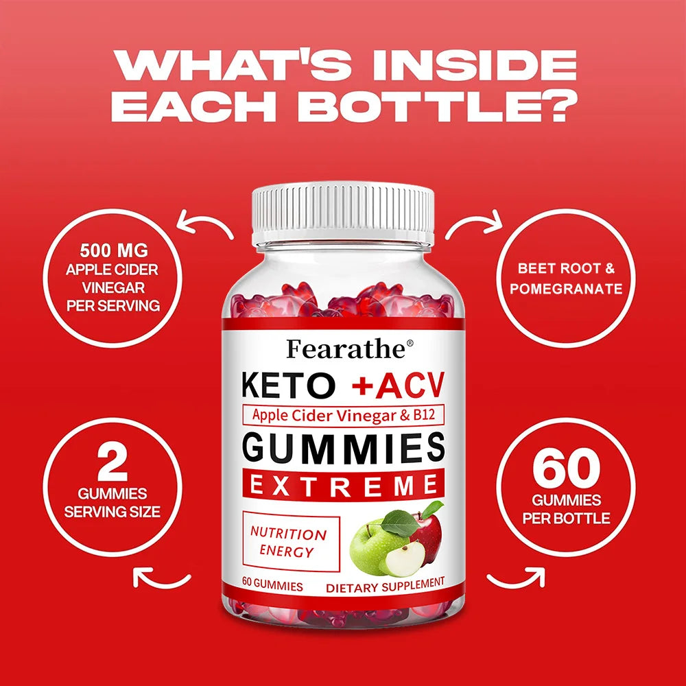 Fearathe Slimming Keto Apple Cider Vinegar Gummies Supplement Weight Loss, Reduces Anxiety & Stress Boost Immune System