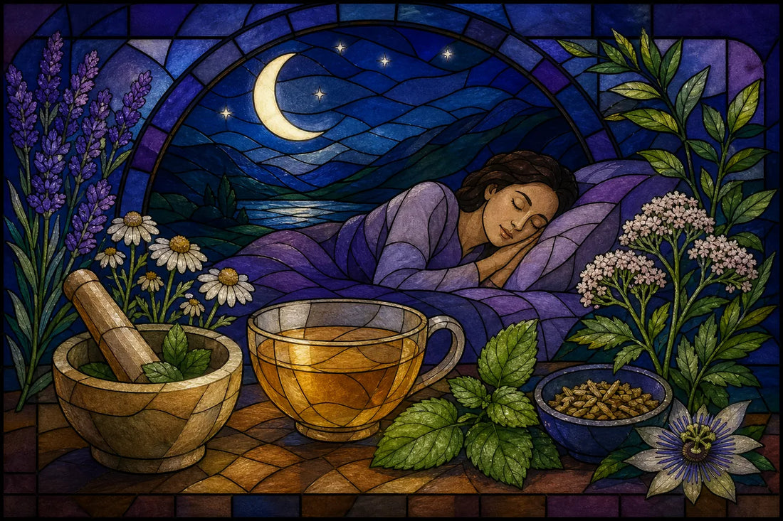 Stained-glass illustration of Best Herbal Sleep Aid Options for Calmer Nights