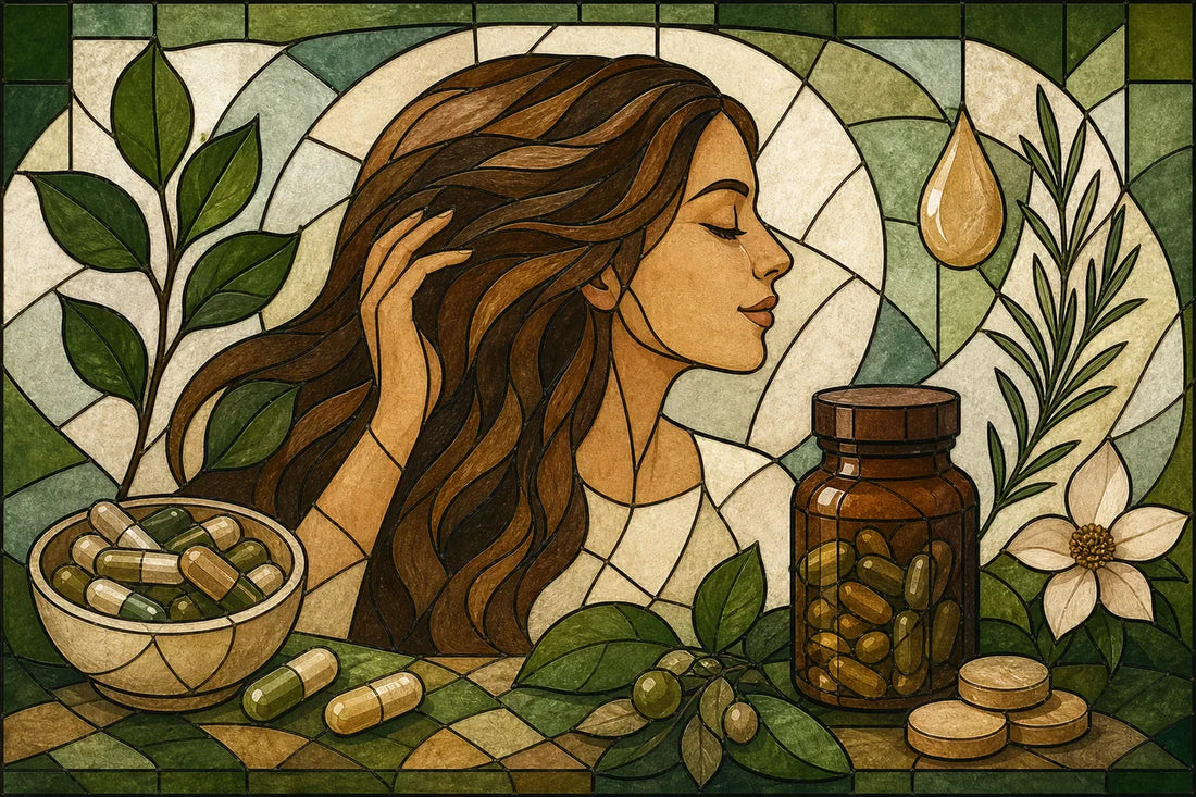 Stained-glass illustration of Best Hair Growth Supplements: 4 Picks for Daily Care