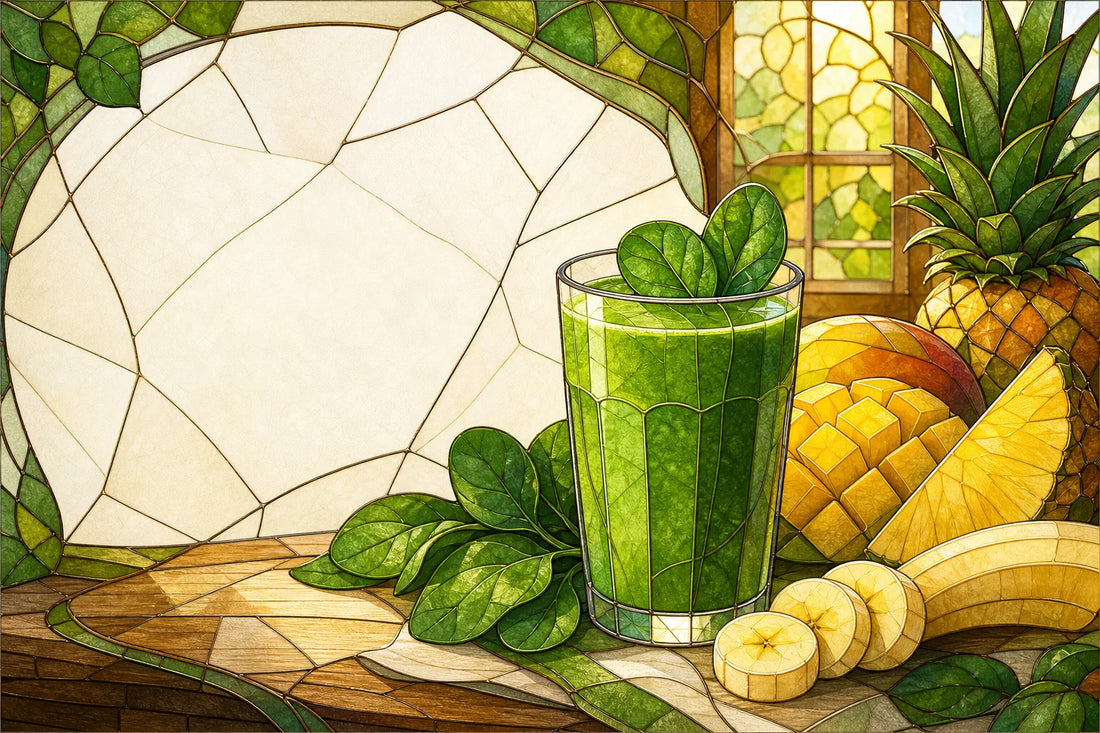 Easy greens smoothie recipe with spinach, mango, pineapple, banana, and water.