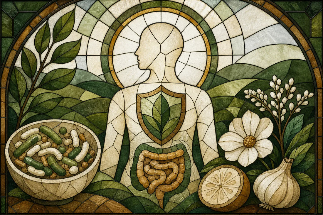Stained-glass illustration of Best probiotic immune support options for daily wellness