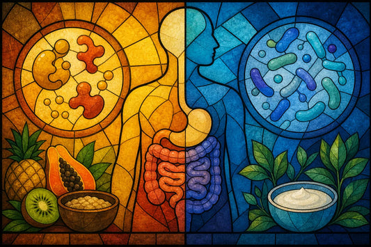 Stained-glass illustration of Best Digestive Enzymes vs Probiotics