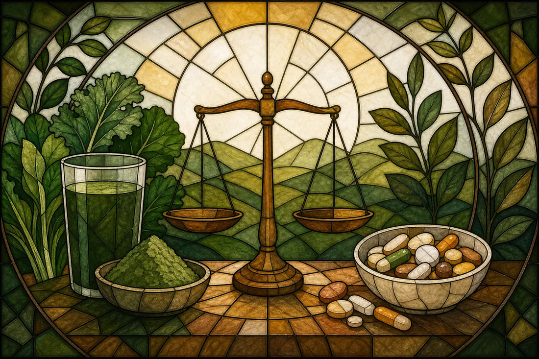 Stained-glass illustration of Greens Powder vs Multivitamin: Cost, Nutrients & Fit