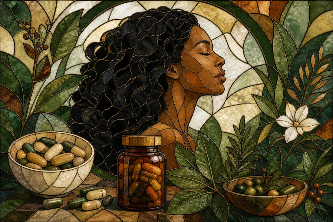 Stained-glass illustration of Best Natural Hair Growth Supplements