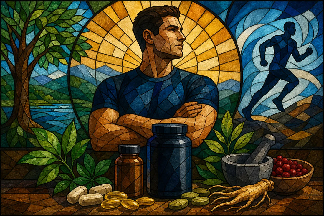 Stained-glass illustration of Best Men’s Vitality Supplement Options
