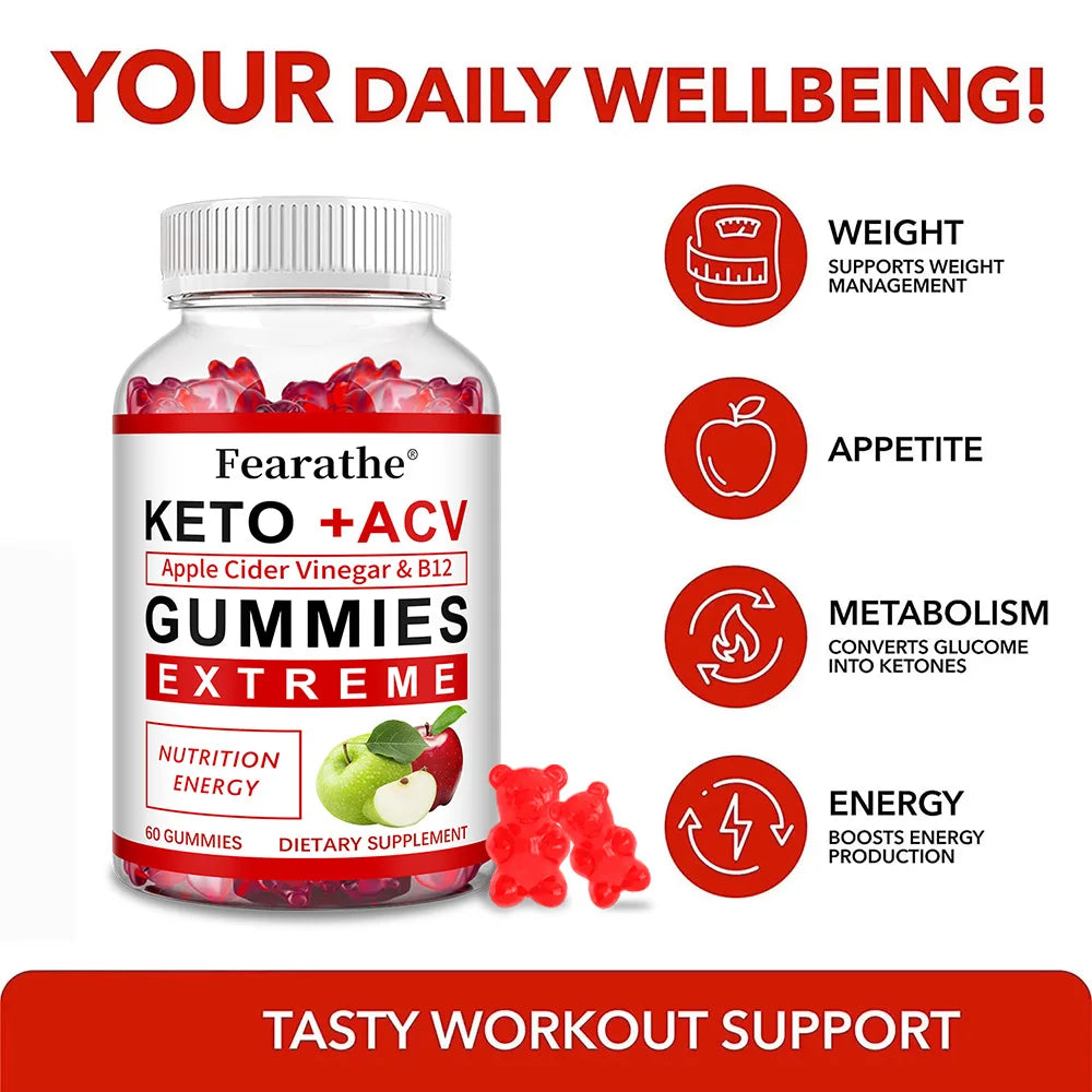 Fearathe Slimming Keto Apple Cider Vinegar Gummies Supplement Weight Loss, Reduces Anxiety & Stress Boost Immune System